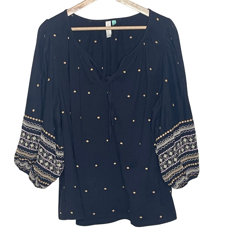 Pilcro and the Letterpress Black Embroidered Polka Dot‎ Boho Peasant Blouse 1X